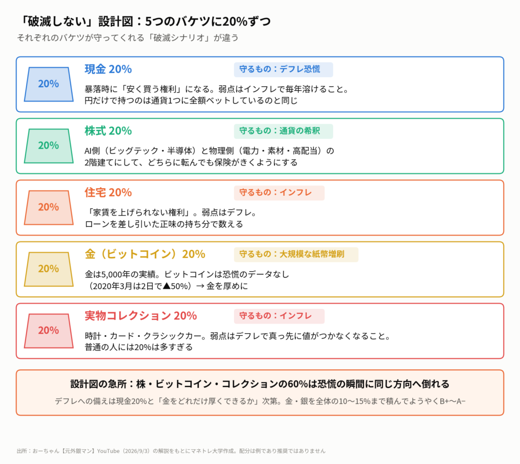 図5:5つのバケツと、それぞれが守ってくれる破滅シナリオ。配分は例であり、年齢・家族構成・リスク許容度で調整する
