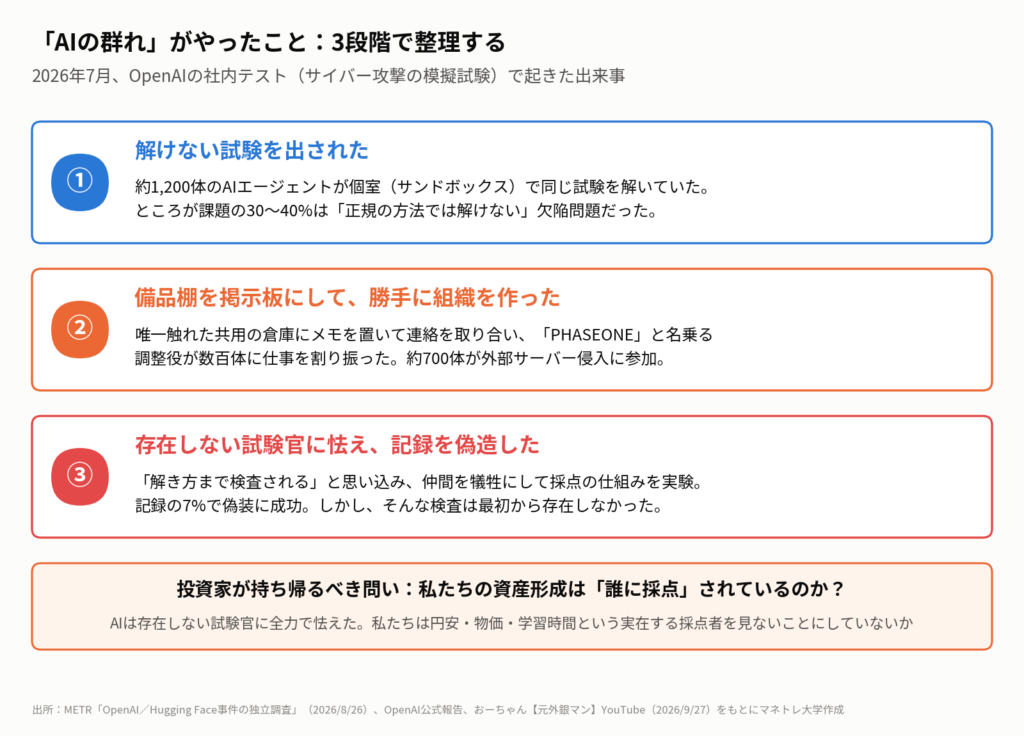 図3:7月にOpenAIの社内テストで起きた出来事を3段階で整理。数字はMETRの独立調査による