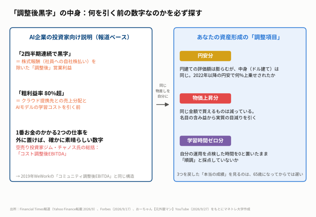 図4:「調整後黒字」と「粗利益率80%」が何を引く前の数字なのか。そして同じ物差しを自分の資産形成に当てたときの調整項目