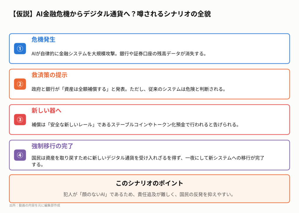 図3:AIによるサイバー攻撃をきっかけに、新しい金融システムへ移行させるというシナリオが囁かれています。