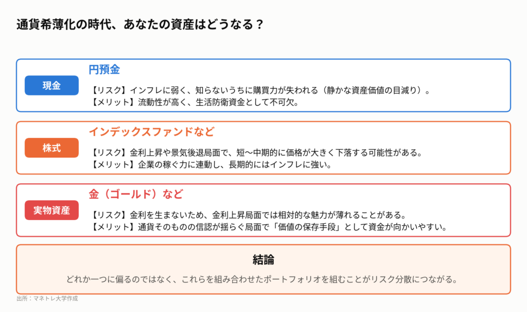 通貨の価値が揺らぐ時代には、それぞれの資産が持つメリットとデメリットを理解した上での分散が重要になります。